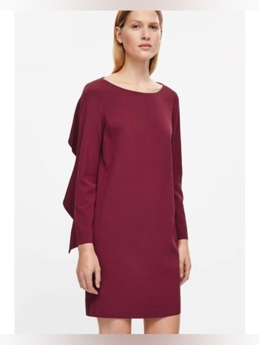 Cos Ruffle Long Sleeve Mini Dress in Burgundy - Size 4